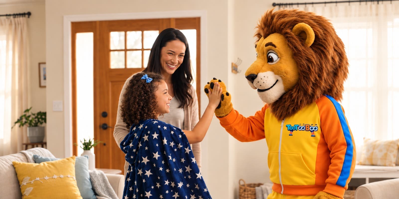 Parent and child greeting a TooTooBoo performer